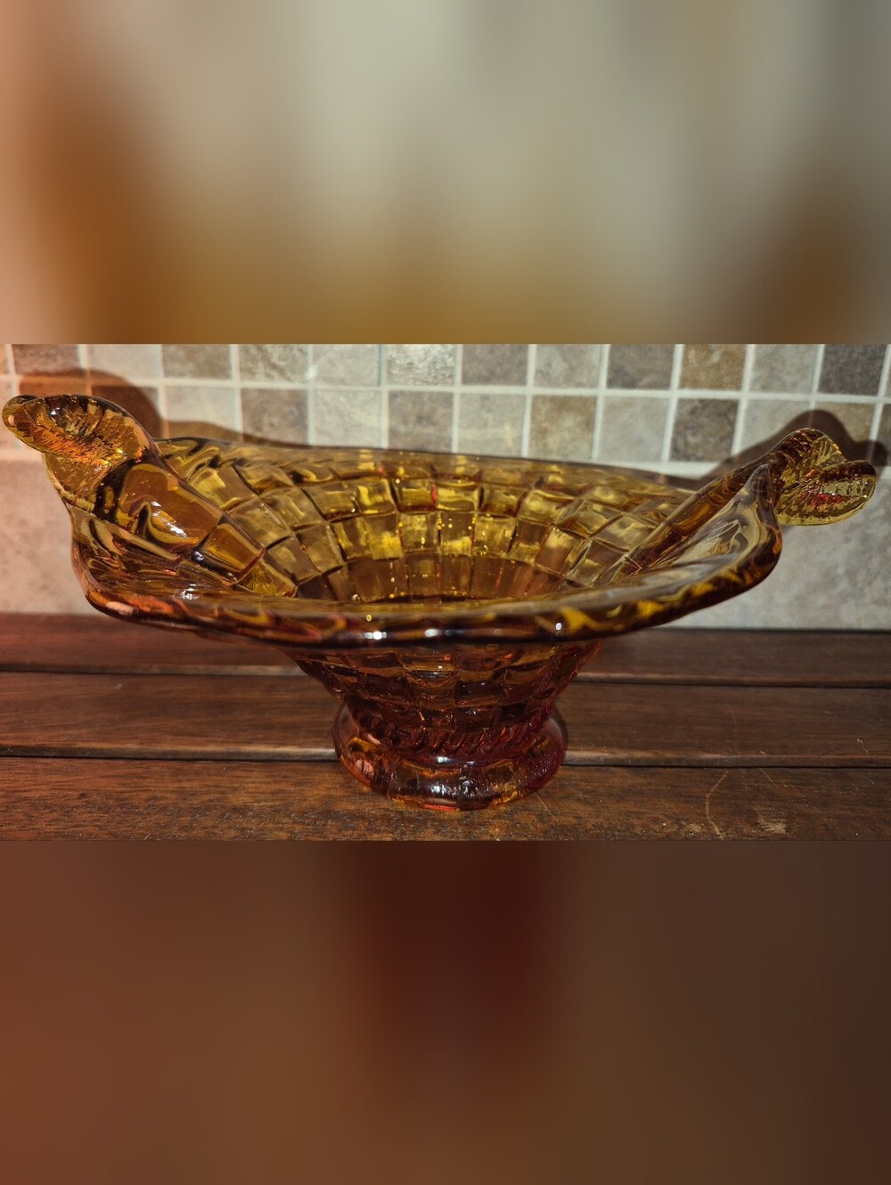 Vintage Fenton Amber pressed glass basketweave bowl w/ twisted split-handles